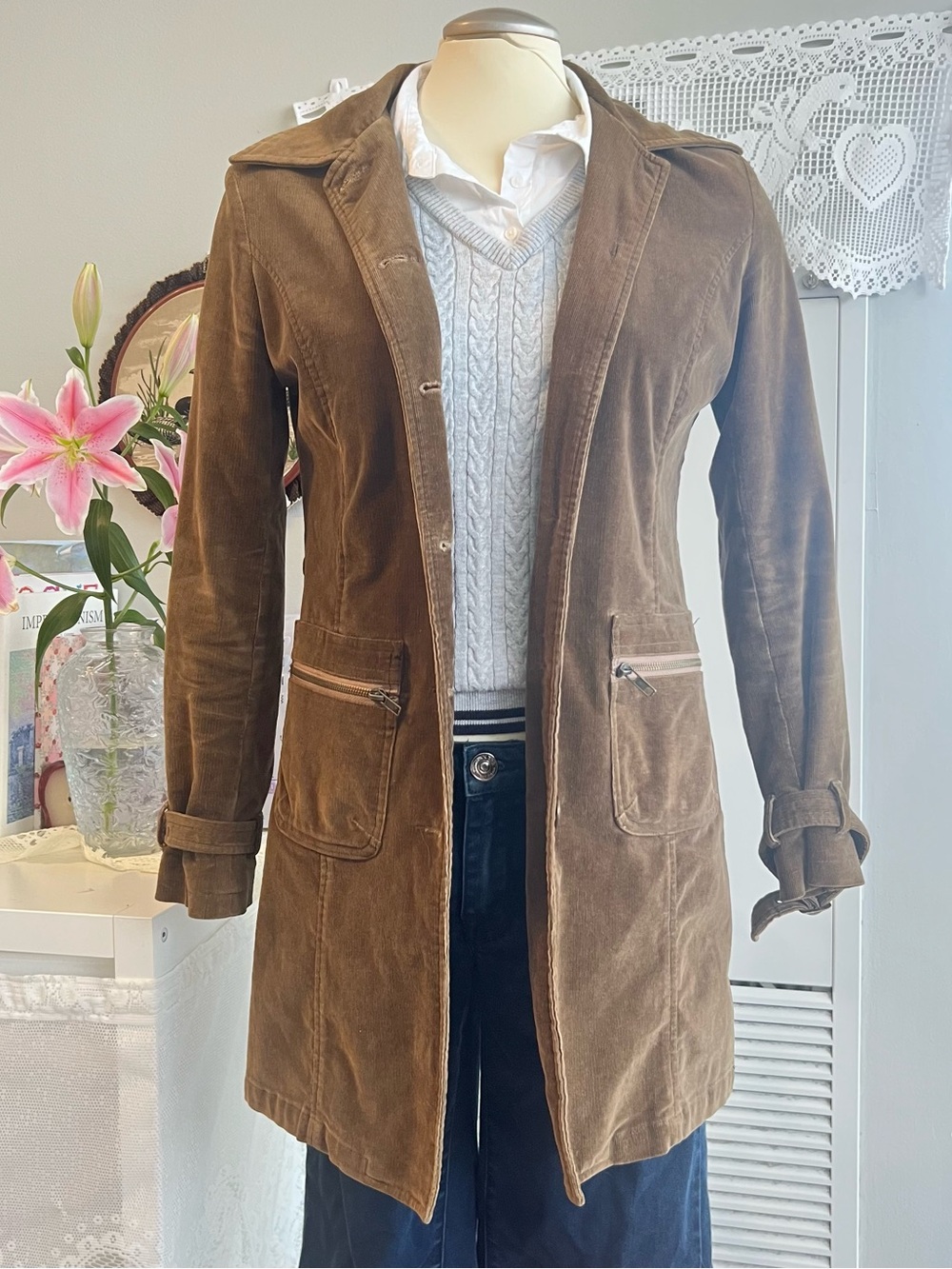 Vintage 2000s Y2K Brown corduroy wool blend trench coat